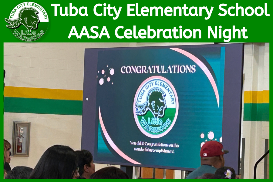 A presentation screen displays 'CONGRATULATIONS' for Tuba City Elementary School's AASA Celebration Night, with an audience seated in front.